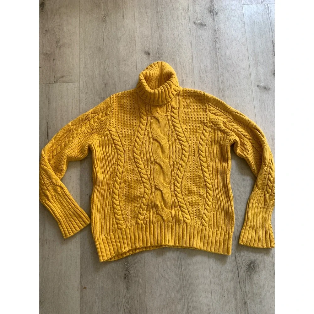 Lands' End Mustard Yellow Cable Knit‎ Turtleneck Sweater Womens XL 100% Cotton